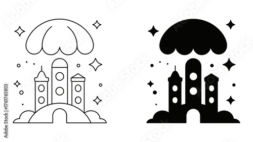 Vector art of magical castle under a jellyfish umbrella a whimsical line art illustration of a fairytale kingdom