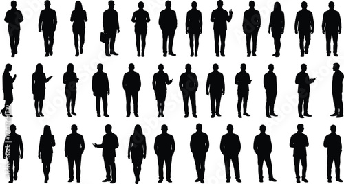 Black silhouette people, standing poses, business attire, casual figures, gender diversity, posture variation, urban lifestyle, professional gesture, vector illustration, profile view