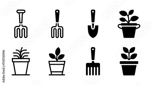 Vector art of gardening tools and potted plants in outline and solid style for gardening and nature related designs