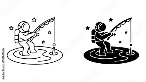 Vector art of astronaut fishing in space in outline and solid style for space and science related designs