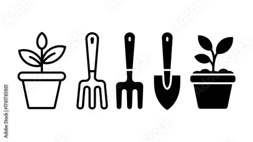 Vector art of gardening tool and plant icon set, perfect for illustrating horticultural activities and garden care tips