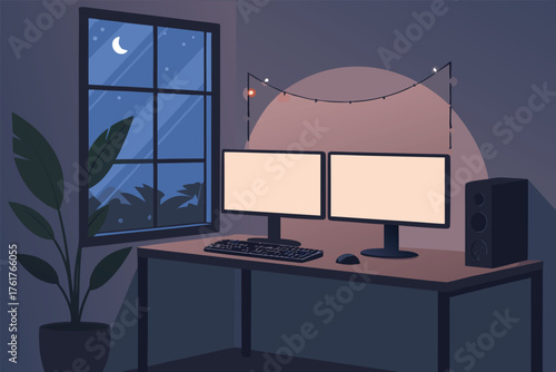 Flat vector of a cozy gamer setup featuring dual monitors, ergonomic chair, RGB lighting, gaming peripherals, plants, and ambient decor.