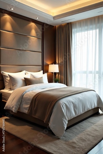 Luxurious King-Size Bedroom Soft Lighting, Plush Bedding, and Elegant Headboard - Ideal for Hotel & Real Estate