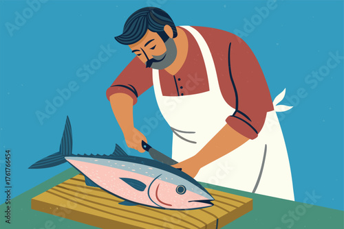 Fishmonger expertly slicing tuna on a rustic wooden board.