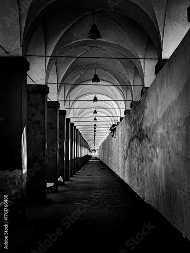 A black and white, dramatic low-angle view of a long, vaulted arcade (portico), with a strong sense of depth and symmetry creating a powerful leading lines effect.