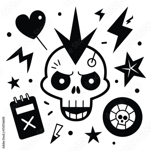 Punk rock skull and wheel graphic elements mohawk heart