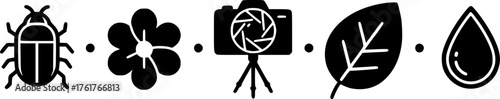 Minimalist icons set: insect, flower, camera lens, tripod, leaf, and water drop