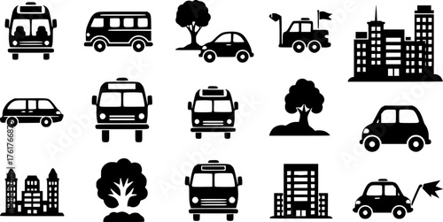 Urban transport and park icons set in silhouette style