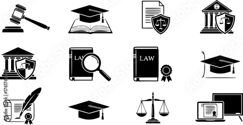 Legal and justice icons set featuring scales,