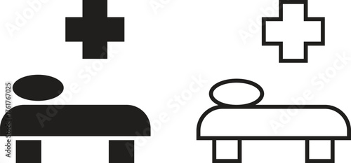 Hospital bed icon set with medical healthcare symbols in flat and outline vectors illustration of patient bed, clinic equipment, emergency ward, intensive care, and hospital service designs concept.