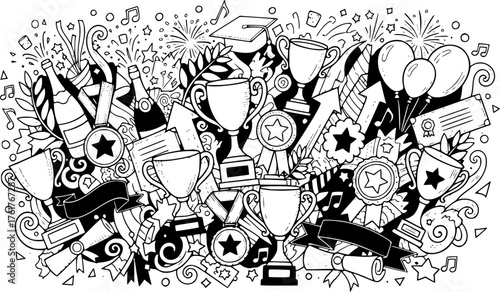 Celebration and achievement doodle with trophies and symbols