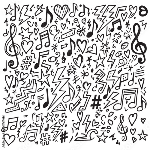 Hand drawn black and white doodle pattern of musical notes hearts and lightning bolts