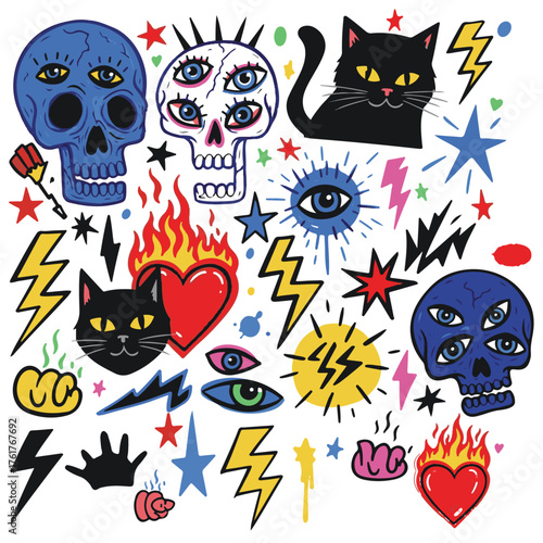 Vibrant and quirky collection of hand drawn illustrations featuring skulls cats hearts and lightning bolts