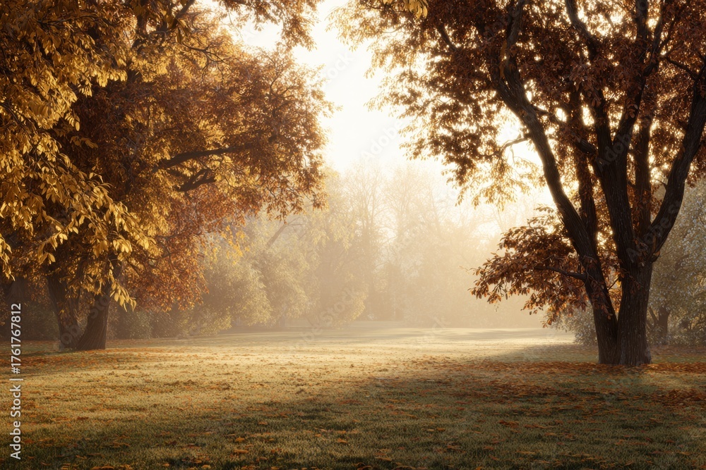 Obraz premium Morning elegance: the majestic glow of an autumn meadow. Adventure poster. Mystical morning light: radiant autumn trees in the meadow. Thriller poster. Cinema artwork.
