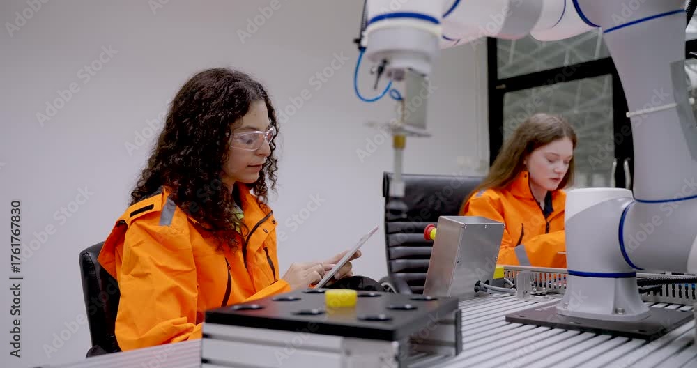 female asian technician adult working in robotics lab operating robotic ...