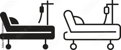 Hospital bed icon set with medical healthcare symbols in flat and outline vectors illustration of patient bed, clinic equipment, emergency ward, intensive care, and hospital service designs concept.