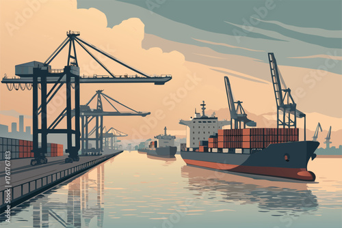 -harbor-scene-with-cargo-ships-and-cranes--flat-re.eps