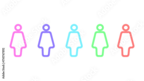 Set of five diverse neon woman icons glowing with pink purple blue cyan and green light against a white background representing female diversity and gender equality concepts	