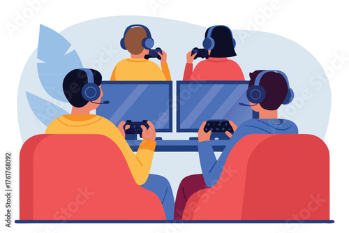 Diverse young adults with gaming headsets intently focused, connected in a shared virtual world, a digital communion of play.