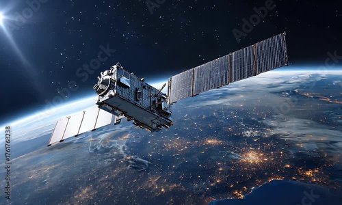 3D animation of a satellite orbiting planet earth in space global communication and technology concept video footage.