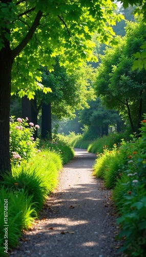 Serene Winding Garden Path Sunlight Dapples Lush Greenery, Perfect for Relaxation and Tranquility. Ideal for Landscaping, Gardening, and Nature Websites.