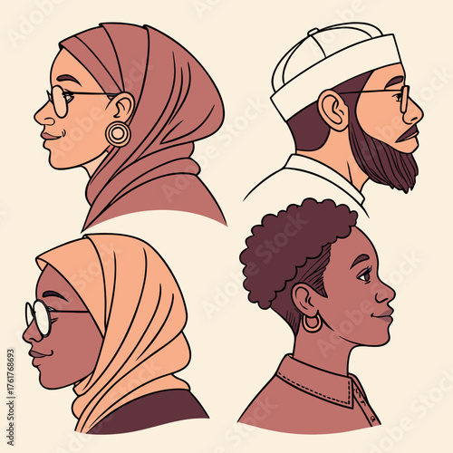 Diverse people portraits in profile with different head coverings and hairstyles