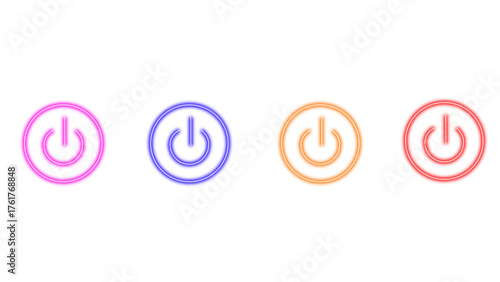 A colorful set of four glowing neon power buttons with a power symbol inside a circle, representing start and stop functionality, digital interface, and technology symbols on a white background.	