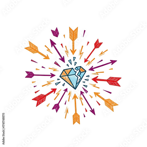 Broken diamond hit by arrows concept of vulnerability and resilience in business and relationships art