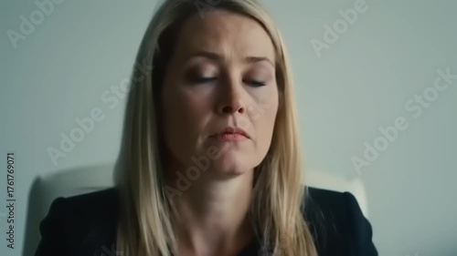 Woman adjusting glasses with office.