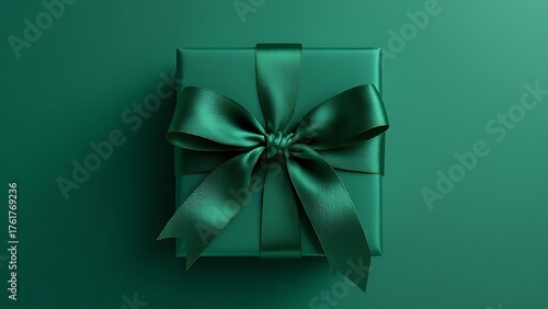 Elegant emerald green gift box tied with a satin ribbon bow, a present