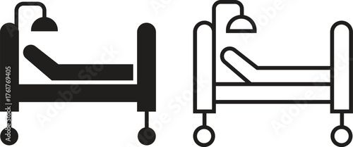 Hospital bed icon set with medical healthcare symbols in flat and outline vectors illustration of patient bed, clinic equipment, emergency ward, intensive care, and hospital service designs concept.