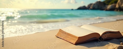Luxurious Beach Escape Leather-Bound Book on Sun-Kissed Sand, Gentle Waves, Summer Relaxation