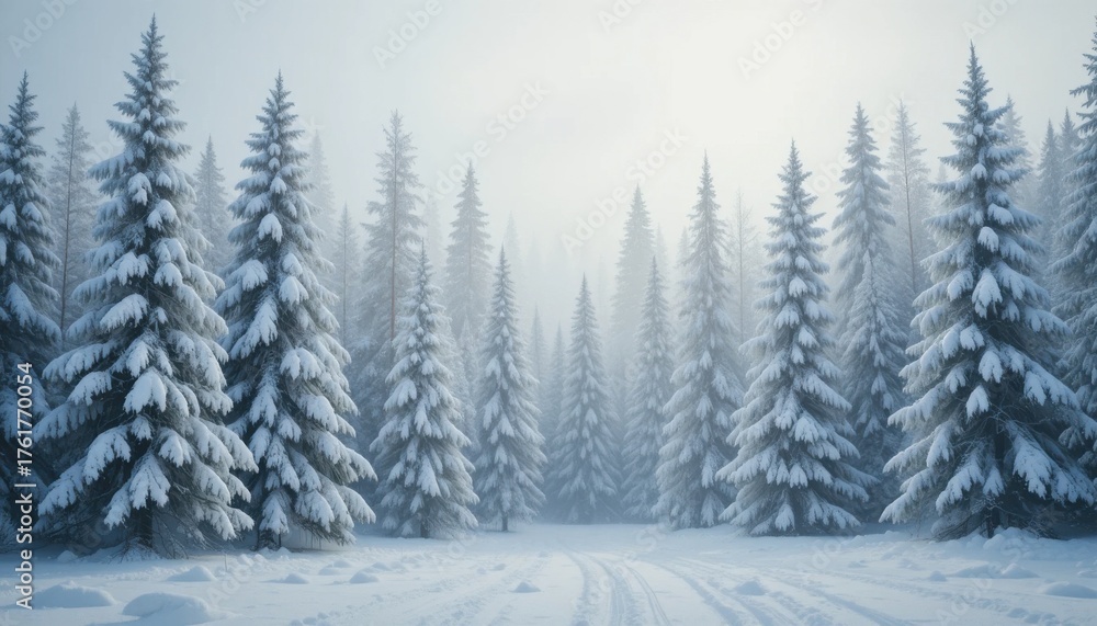 Fototapeta premium Winter wonderland scene with snow-covered trees blending into a white background, ethereal light.