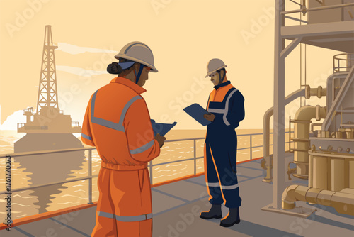 Offshore rig workers in hi-vis safety suits conduct meticulous inspection of equipment, a critical safety operation.