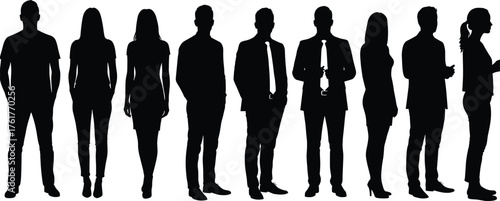 Human silhouette group, diverse people standing, casual and formal attire, anonymous figures, fashion reference, business concept, social identity, posture study