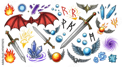 Fantasy rpg game assets swords wings fire crystals runes magic elements vector illustration set design art