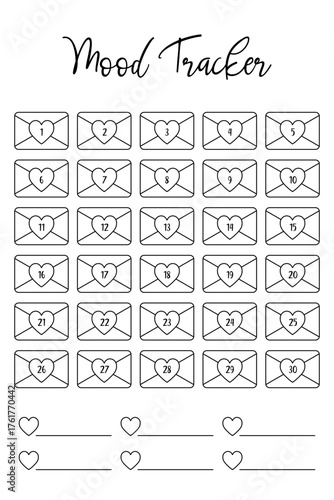 Love Letter Mood Tracker Monthly Template. Romantic mood tracker with envelope and heart design. Coloring printable template for Valentines Day planner, February journal, love diary, wellness tracking