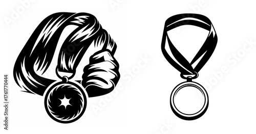 Symbolic medal representation showing achievement and recognition with a woman's profile and isolated medal