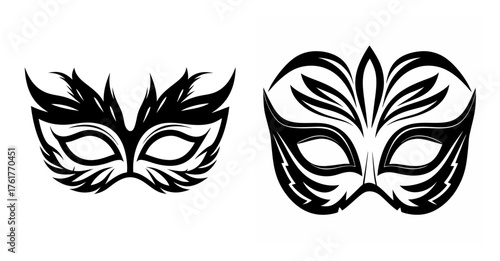 Two black masquerade masks elegant feathered designs mysterious evening party accessories