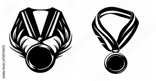 Two artistic medals with ribbons graphic elements recognizing achievement and victory in competitions