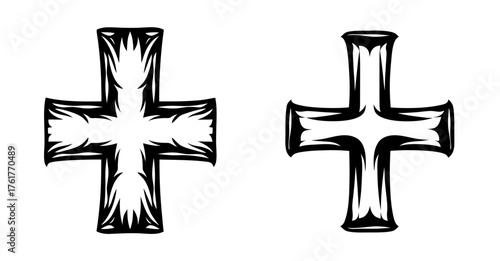 Distinctive cross symbols featuring detailed and simplified designs side by side in a sketchy style