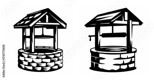 Vintage drawing of two rustic old wells with stone bases and wooden roofs side by side