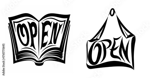 Two distinct "open" signs one an open book graphic and the other a hanging sign graphic in black ink style.
