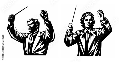 Dynamic orchestral conductors leading music performance with baton dramatic gestures artistic depiction