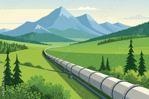 An oil pipeline snakes through a vibrant green landscape, a testament to industrial infrastructure amidst nature's beauty.