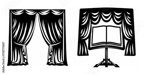 Drapery and music stand scenes for stage theater orchestra performances and rehearsals
