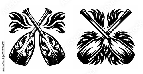 Two crossed wooden canoe paddles with stylized water waves emblematic design element for nautical and adventure themes
