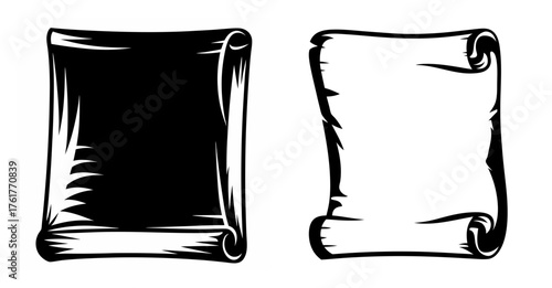Two hand-drawn scrolls one black filled and one empty for design creative use