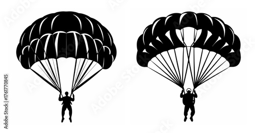 Two silhouette parachutists descending with open canopies against a contrasting backdrop conveying a sense of adventure