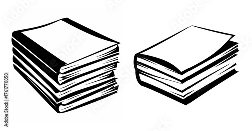 Two stacks of books showing a collection of bound paper with white pages and dark covers visually interesting